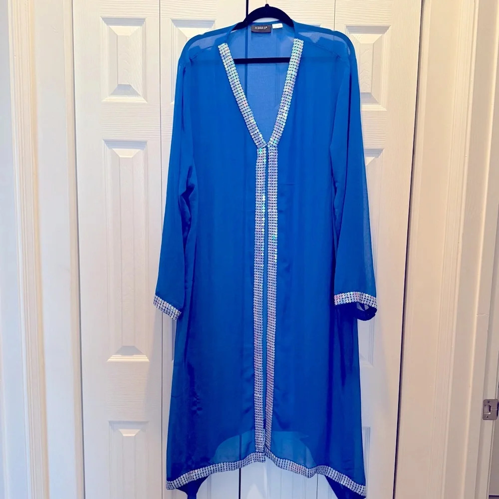Ashro Women’s Sheer Blue Caftan Tunic Duster w/ Sequin Trim 3XL Full Length NWT‎
